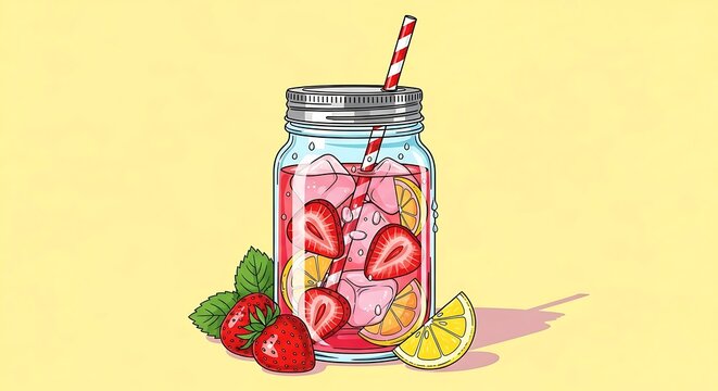 Refreshing strawberry lemonade in a mason jar with ice and a straw.