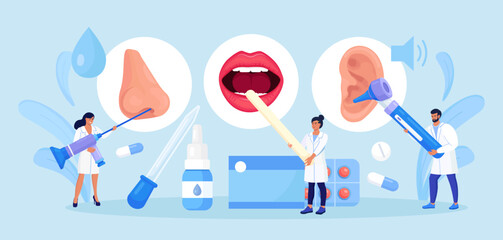 Otolaryngology concept. ENT doctor treating diseases of ear, nose, throat and neck. Otolaryngologist with medical instrument examines patient. Otoscopy procedure. Nasopharynx, sinuses, ear specula