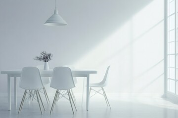 Sunlight illuminating minimalist dining area with white table, chairs, and simple decor, creating a bright and airy atmosphere