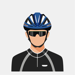 Illustration of a person wearing a blue cycling helmet and black cycling jersey with sunglasses.