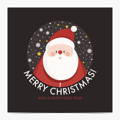 Cute Christmas greeting card, postcard, invitation with chubby Santa Claus on snowy and starry black background, vector illustration