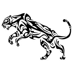 Tribal styled leaping lion tattoo design in black and white artwork with bold lines and minimal shading,