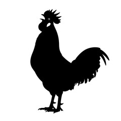 Black silhouette of a rooster crowing isolated on transparent background, side view
