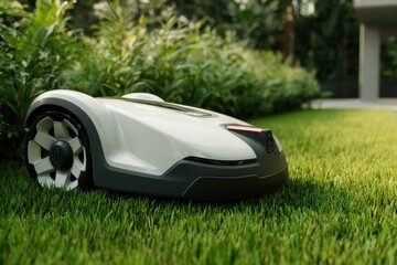 Modern robotic lawnmower with a sleek white design cutting lush green grass in a beautiful garden.