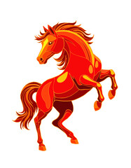 Bright Fire Horse in a dynamic pose. Symbol of Chinese New Year 2026. Red, orange and yellow Horse standing on its hind legs. Design element for cards, postcards, invitations, calendar for 2026