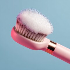 Pink Electric Toothbrush with Foam, Blue Background, Dental Hygiene.