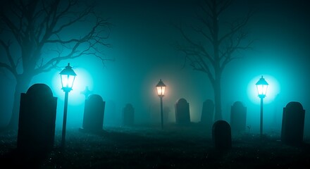 Eerie graveyard at night with glowing lanterns and tombstones in fog