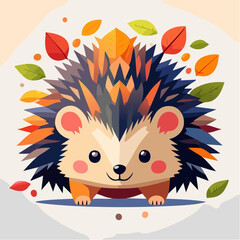 Cute hedgehog with autumn leaves, stylized illustration.