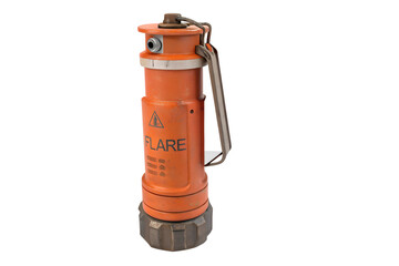 An orange marine flare gun with a metal handle and a warning label. The flare gun is designed for emergency signaling at sea.