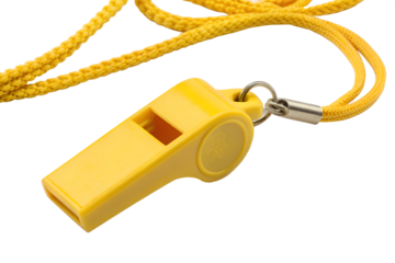 A bright yellow whistle attached to a braided cord. The whistle is made of plastic and is commonly used in sports and coaching.