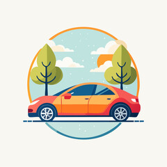 A vibrant illustration of a red and orange sedan parked between two stylized green trees under a cloudy sky.