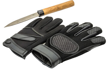Black protective gloves and a kitchen knife on a dark background. The gloves are designed for safety and grip during food preparation.