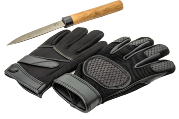 Black protective gloves and a kitchen knife on a dark background. The gloves are designed for safety and grip during food preparation.