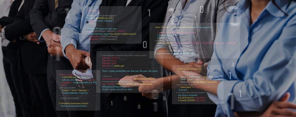 A diverse group of professionals stands in line, embodying teamwork and innovation against a backdrop of digital code, symbolizing the future of business and technology. Trope