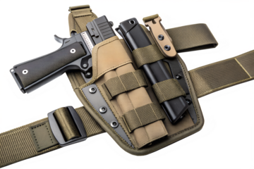 A tactical holster with a black handgun, flashlight, and magazine. The holster is made of durable fabric and features multiple attachment points.