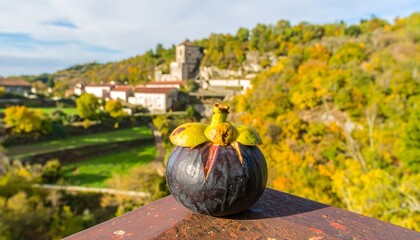 Exotic fruit on a rustic surface, overlooking autumnal village