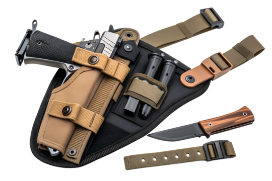 A tactical holster with a handgun, knife, and accessories. The holster is made of durable materials in tan and black colors, designed for outdoor use.