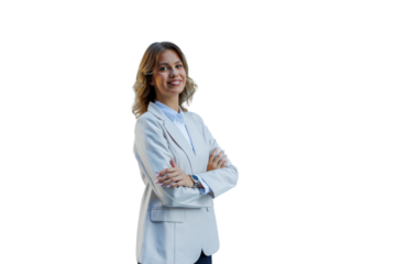 Confident businesswoman smiling with arms crossed, portraying professional success, leadership, and determination, transparent background