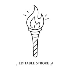 A flaming torch icon in minimalist style with editable stroke. Halloween element, fire symbol, spooky decoration, adventure design, gothic theme, night festival, ritual object, outline illustration.