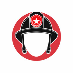 Icon of a black firefighter helmet with a red and white star shield, presented on a solid red circle.