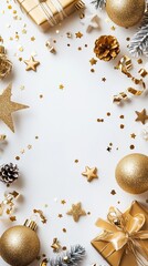 Golden holiday decorations, sparkling stars, elegant ornaments, and beautifully wrapped gifts arranged on a white background, creating a festive atmosphere perfect for celebrations and events.