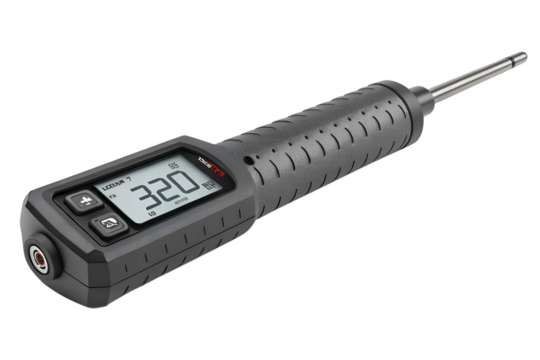 Digital thermometer with a display showing 32.0 degrees Celsius. The device has a black rubber grip and a metal probe for measuring temperature.