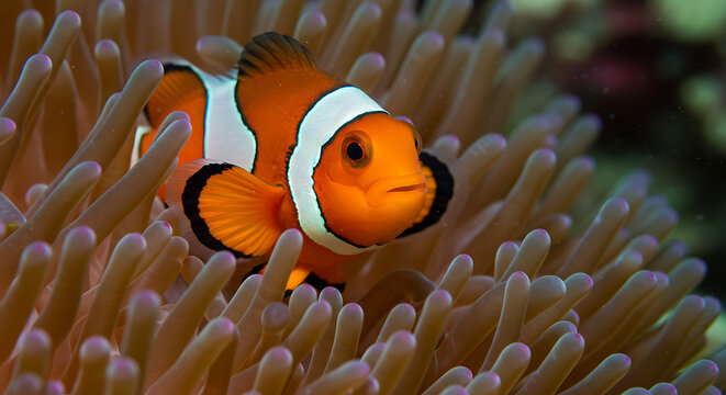Vibrant clownfish nestled within soft coral tentacles underwater