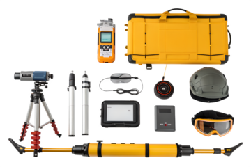 A collection of surveying and safety equipment on a black background. Items include a yellow case, measuring tools, a helmet, and protective goggles.