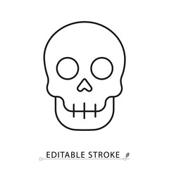 A skull icon in minimalist style with editable stroke. Halloween element, horror symbol, spooky decoration, anatomy design, creepy graphic, gothic theme, bone illustration, death concept outline.