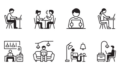 Outline people working at laptops icon pack for office, freelance, and online jobs