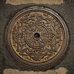 Obraz premium Ornate Decorative Metal Manhole Cover on Urban Street