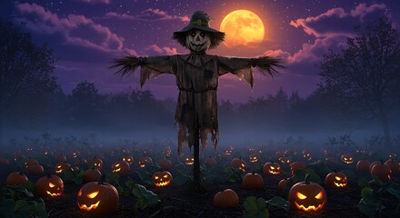 Spooky scarecrow and jack o lanterns under a full moon on halloween night