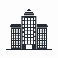 Black and white illustration of a large office building.