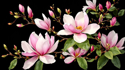 Magnolia wallpaper with blooming pink flowers on dark background. Elegant mural with branches and buds. Abstract botanical illustration for art prints.