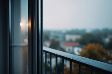 Rainy day view from a balcony with raindrops on the railing and a blurred city background.