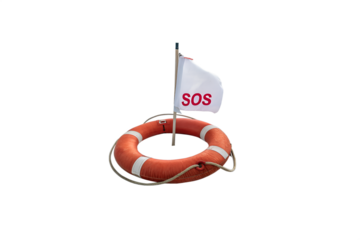 An orange life buoy with a white flag displaying 'SOS' is centered against a black background. The buoy is equipped with white reflective stripes.