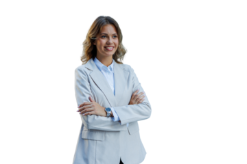 Confident businesswoman smiling with arms crossed, portraying professional success and leadership on transparent background