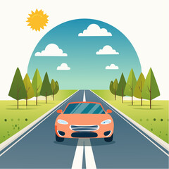 An orange car drives down a straight highway on a sunny day with trees and clouds.