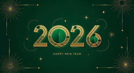 New Year's Eve 2026 Celebration: A festive and elegant New Year's design, perfect for ringing in the new year. This stylish design features the year 2026 in a gold and green theme.