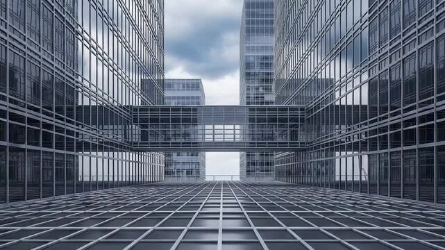 View of modern office buildings with glass facade and skybridge under cloudy sky architecture