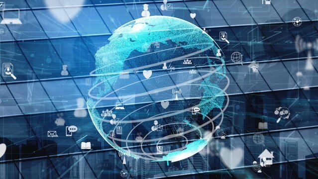 A stunning digital representation of a globe surrounded by swirling data lines and icons, emphasizing technology role in global communication and modern society. Xenic