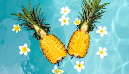 Two halved pineapples in a pool with flowers