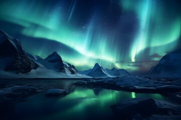 Naklejka premium Stunning Northern Lights Aurora Borealis over Arctic Sky, Vibrant Polar Night Landscape, Natural Phenomenon, 8K Ultra HD Scenic Wilderness Photography