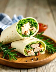 Two halves of a chicken wrap with fresh ingredients