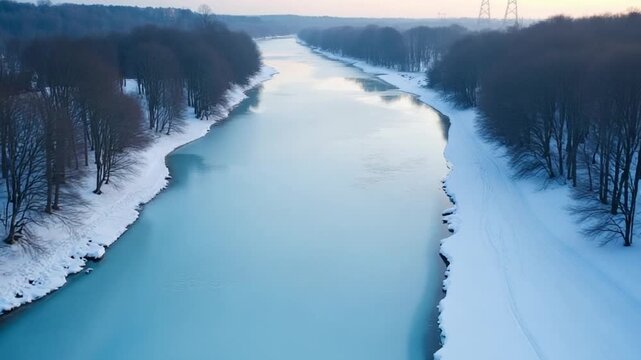 Amazing Cinematic Aerial View On Freezing River. Aerial View Flight Above Frozen Creek Scenic View Of Nature