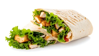Two halves of a chicken wrap