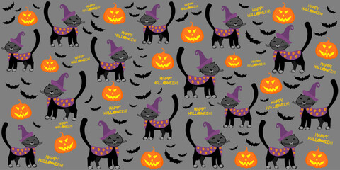Halloween seamless background with black cat, bats and pumpkin. Good for textile fabric design, wrapping paper, website wallpapers, textile, wallpaper and apparel. Cute Pets dressed for carnival party