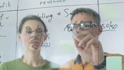 Business people brainstorming near glass board, using sticky notes for strategic planning, writing calculations, sharing innovative ideas during collaborative work session. close up