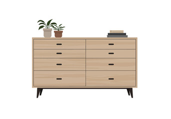 Modern Light Oak Wood Dresser with Plants and Books.