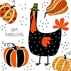 Happy Thanksgiving. Colorful turkey and pumpkins on a white background. Cartoon, doodle. Character. Flat vector illustration, greeting card.